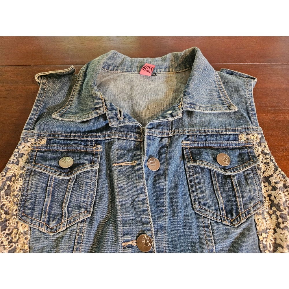 Buzz Denim Vest Women 1XL Blue Lace Sequin Side Panel Button Up Trucker Jacket